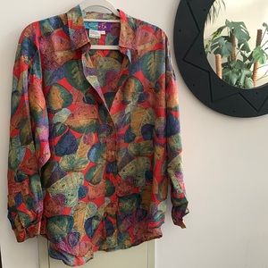 Vintage Silk Oversized Multicoloured Leaf Pattern Blouse